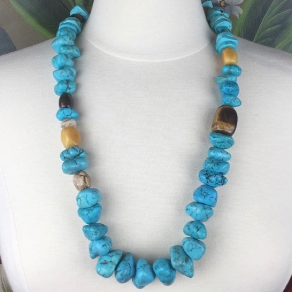 Faux Turquoise Dyed Stone Tribal Inspired Bohemian Statement Necklace - Picture 4 of 10